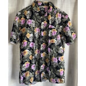 Super Massive Floral Skull Short Sleeve Button Up Shirt Sz Small Hawaiian